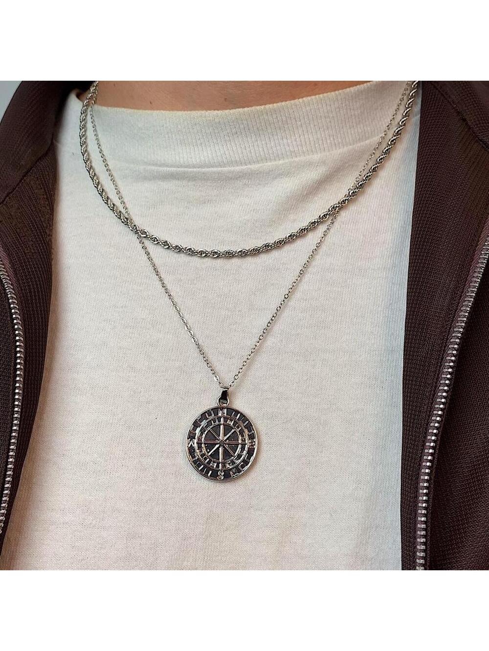 Y2k 2000s style Silver Circle Compass Pendant double layer rope chain Necklace. - Picture 3 of 8